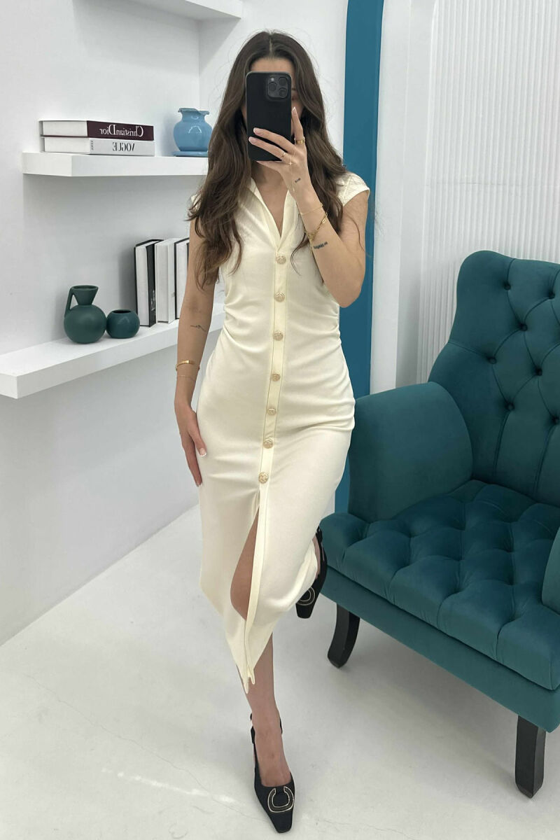 POLO NECK SLEEVELESS BUTTONED WOMEN DRESS CREAM/KREM - 4