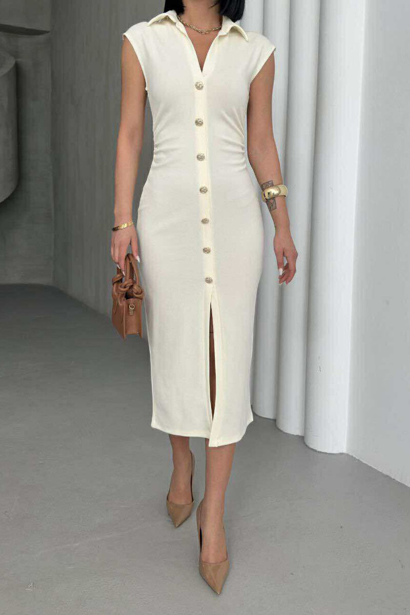 POLO NECK SLEEVELESS BUTTONED WOMEN DRESS CREAM/KREM - 2