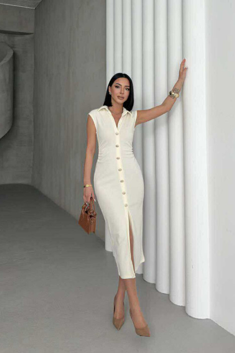 POLO NECK SLEEVELESS BUTTONED WOMEN DRESS CREAM/KREM - 3