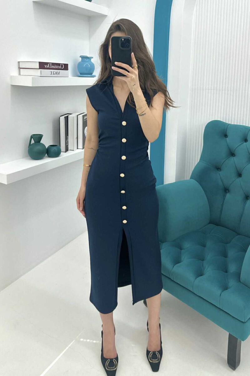POLO NECK SLEEVELESS BUTTONED WOMEN DRESS DARK BLUE/BEE - 1