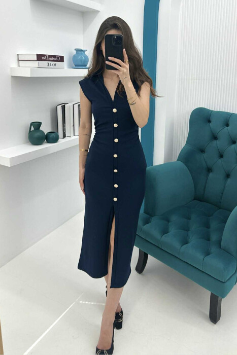 POLO NECK SLEEVELESS BUTTONED WOMEN DRESS DARK BLUE/BEE - 2