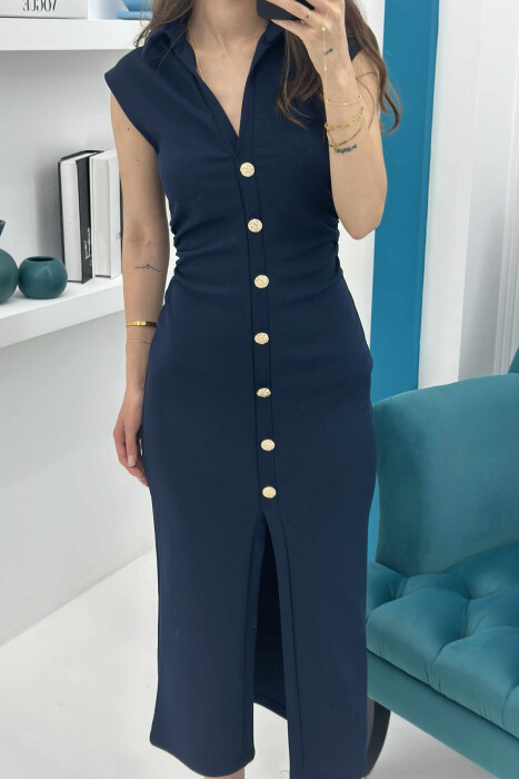 POLO NECK SLEEVELESS BUTTONED WOMEN DRESS DARK BLUE/BEE - 4