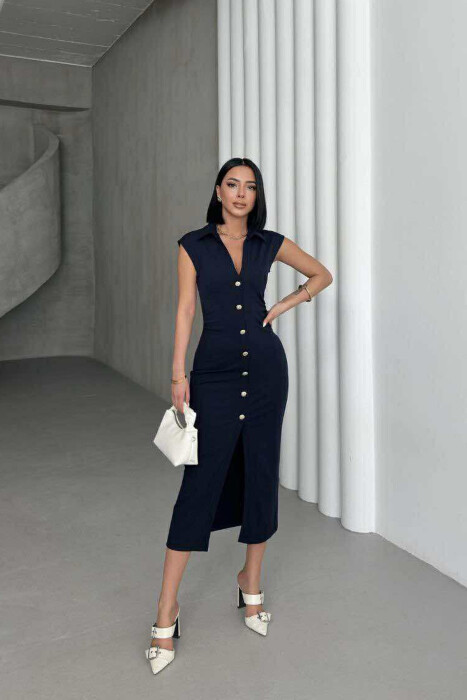 POLO NECK SLEEVELESS BUTTONED WOMEN DRESS DARK BLUE/BEE - 1