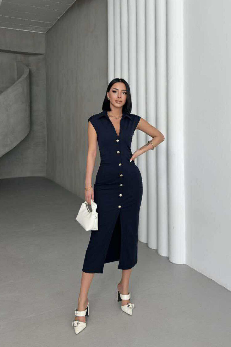 POLO NECK SLEEVELESS BUTTONED WOMEN DRESS DARK BLUE/BEE - 1