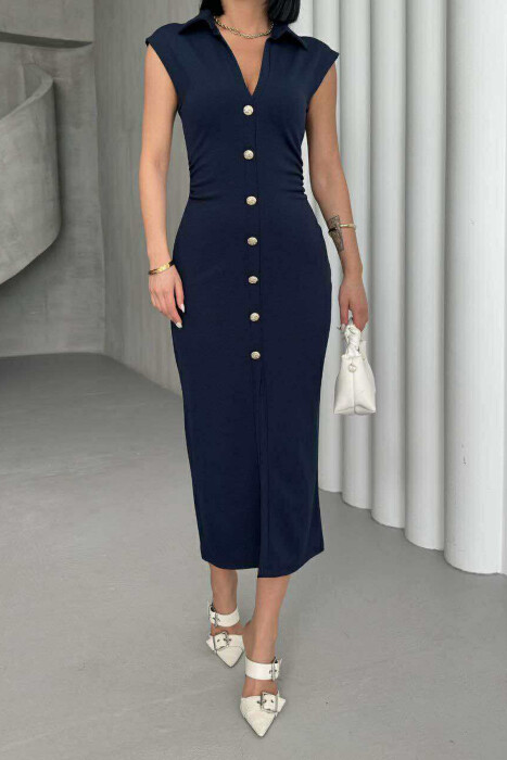 POLO NECK SLEEVELESS BUTTONED WOMEN DRESS DARK BLUE/BEE - 2