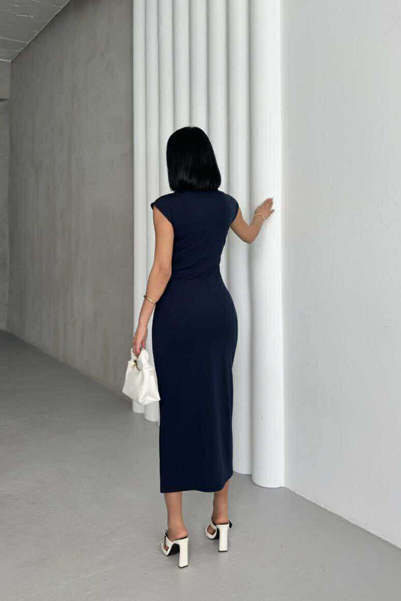 POLO NECK SLEEVELESS BUTTONED WOMEN DRESS DARK BLUE/BEE - 3