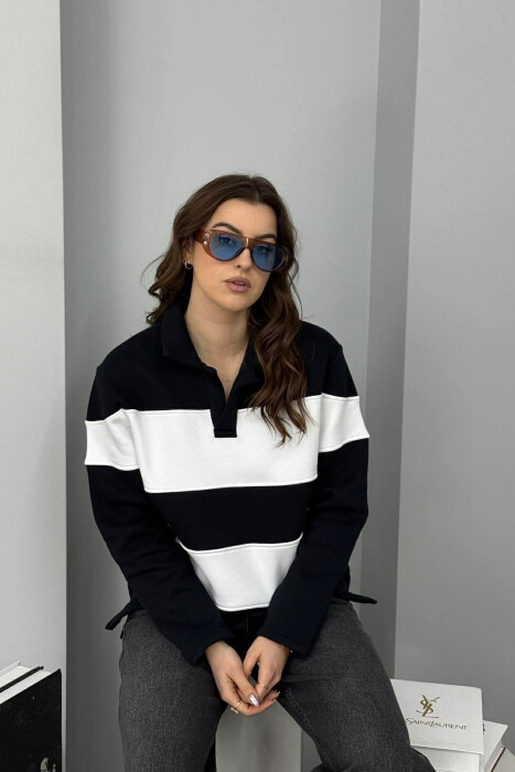 POLO NECK STRIPE DESIGN FLUFFY WOMEN SWEATSHIRT BLACK/ E ZEZE - 1