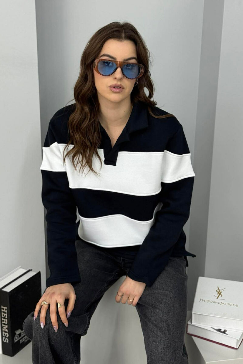 POLO NECK STRIPE DESIGN FLUFFY WOMEN SWEATSHIRT BLACK/ E ZEZE - 2