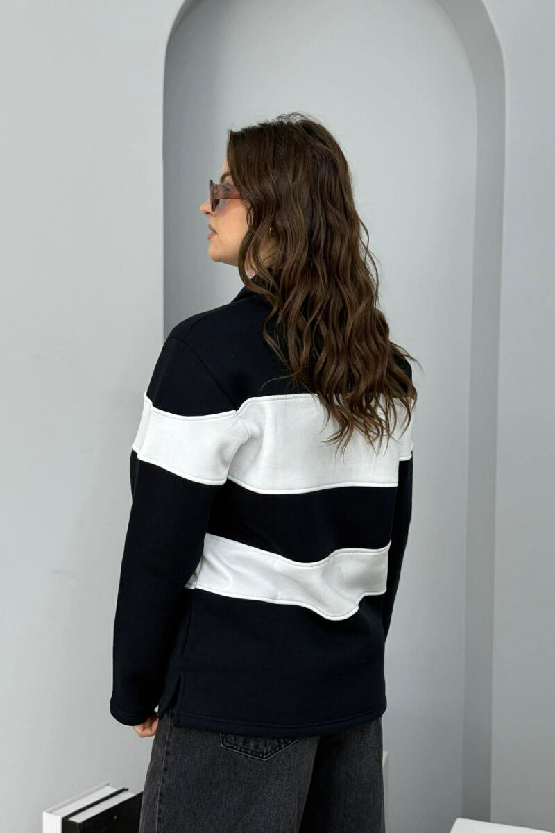 POLO NECK STRIPE DESIGN FLUFFY WOMEN SWEATSHIRT BLACK/ E ZEZE - 3