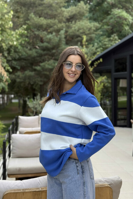 POLO NECK STRIPE DESIGN FLUFFY WOMEN SWEATSHIRT BLUE/BLU - 2