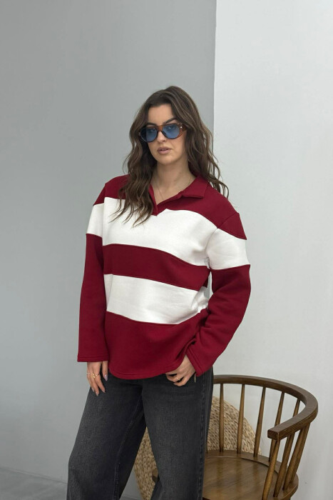 POLO NECK STRIPE DESIGN FLUFFY WOMEN SWEATSHIRT BURGUNDY/VISHNJE - 1