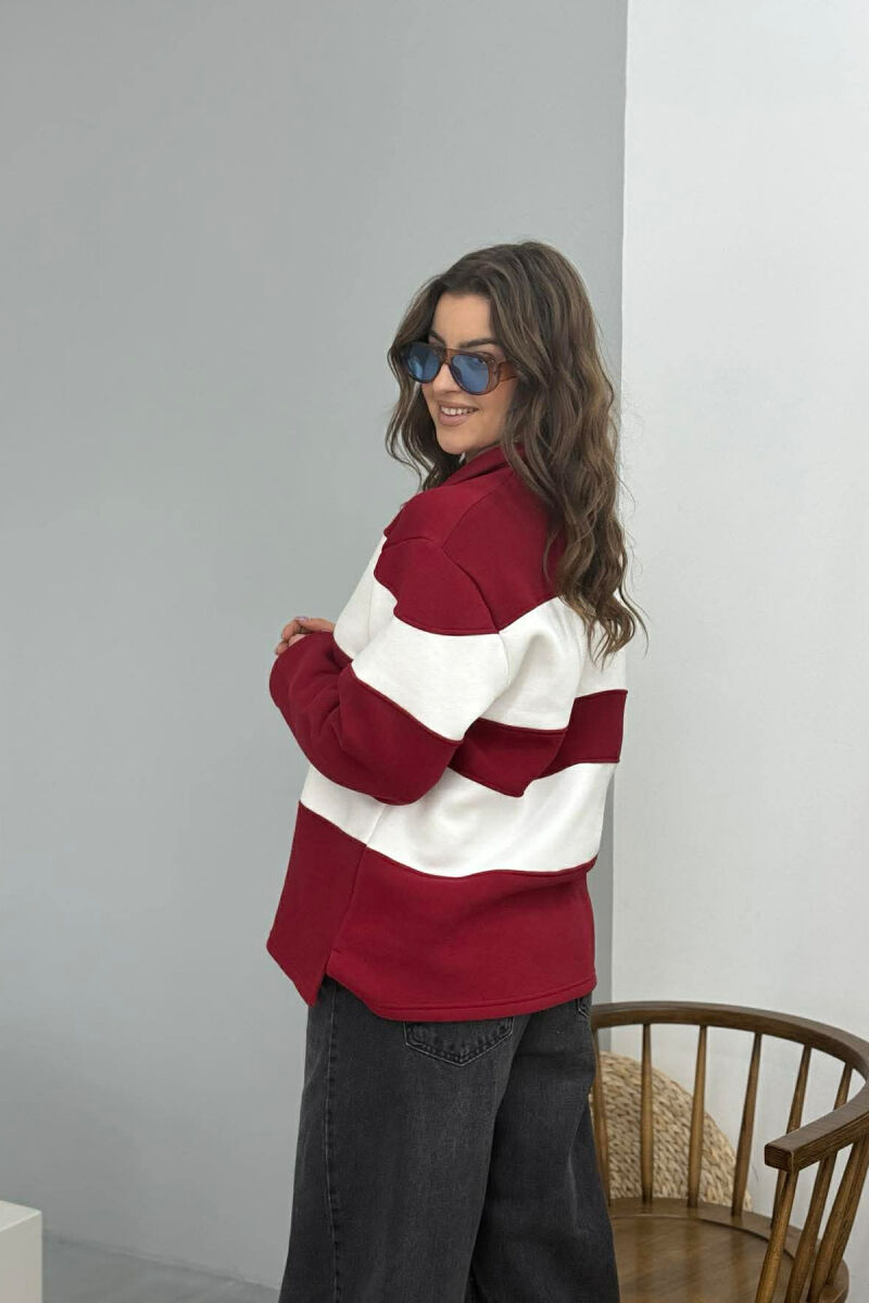 POLO NECK STRIPE DESIGN FLUFFY WOMEN SWEATSHIRT BURGUNDY/VISHNJE - 3
