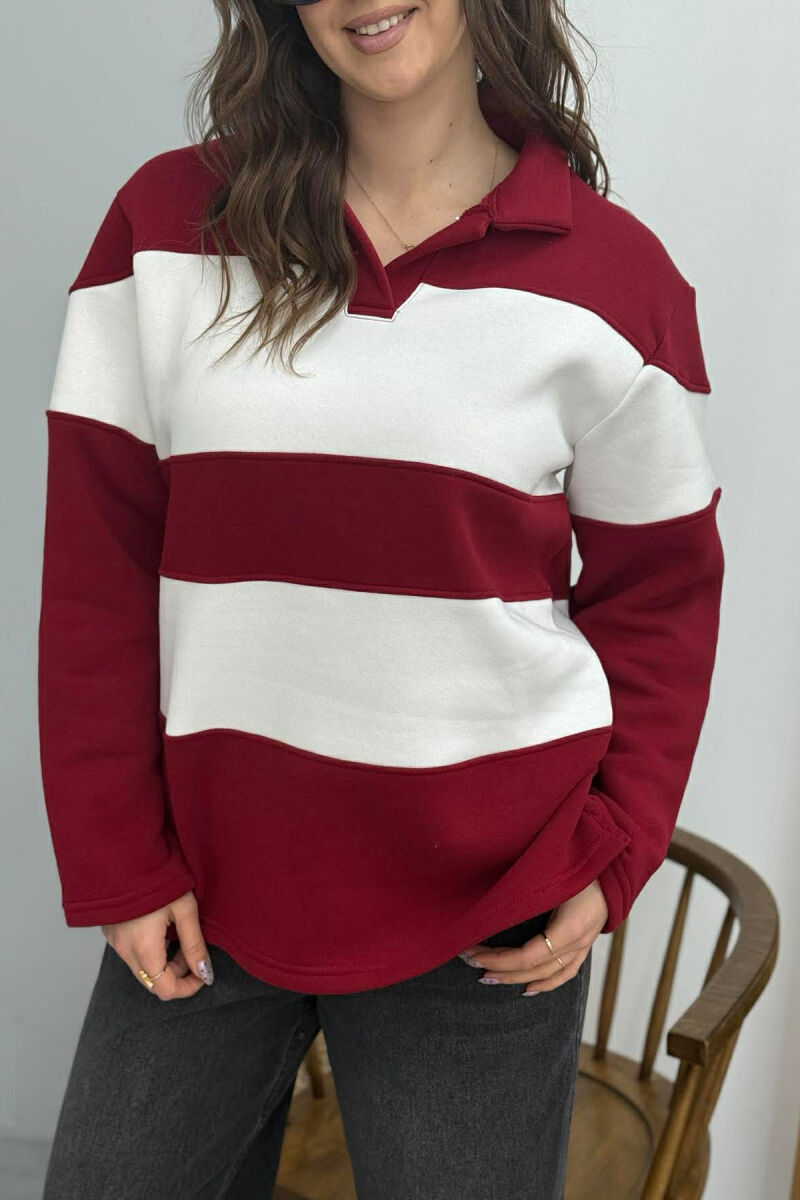 POLO NECK STRIPE DESIGN FLUFFY WOMEN SWEATSHIRT BURGUNDY/VISHNJE - 4