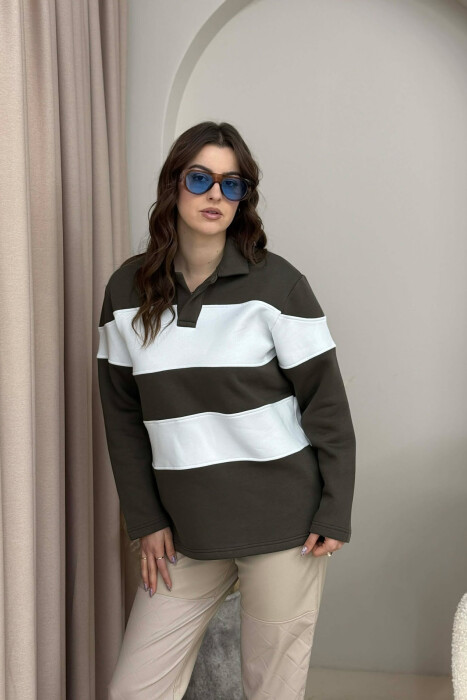 POLO NECK STRIPE DESIGN FLUFFY WOMEN SWEATSHIRT DARK GREEN/JEE 