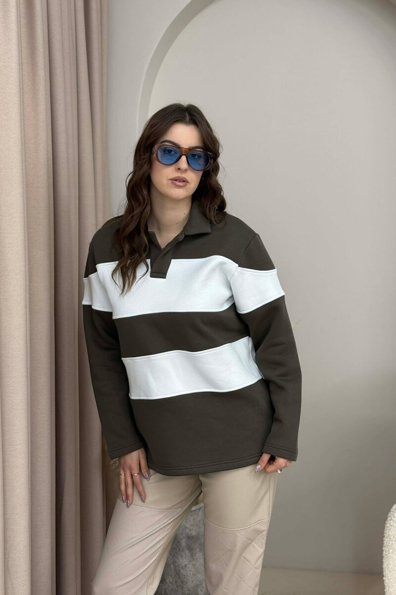 POLO NECK STRIPE DESIGN FLUFFY WOMEN SWEATSHIRT DARK GREEN/JEE - 1