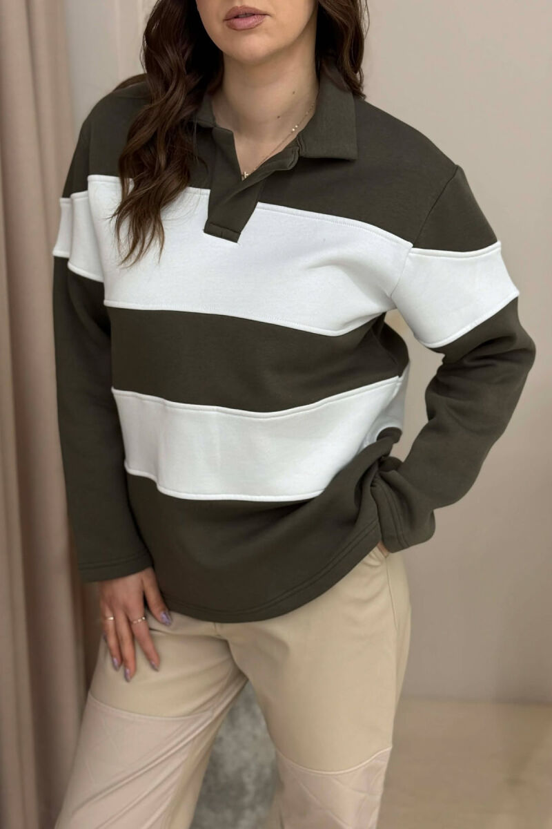 POLO NECK STRIPE DESIGN FLUFFY WOMEN SWEATSHIRT DARK GREEN/JEE - 3