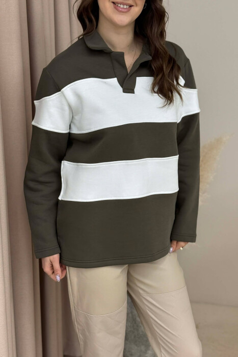 POLO NECK STRIPE DESIGN FLUFFY WOMEN SWEATSHIRT DARK GREEN/JEE - 4