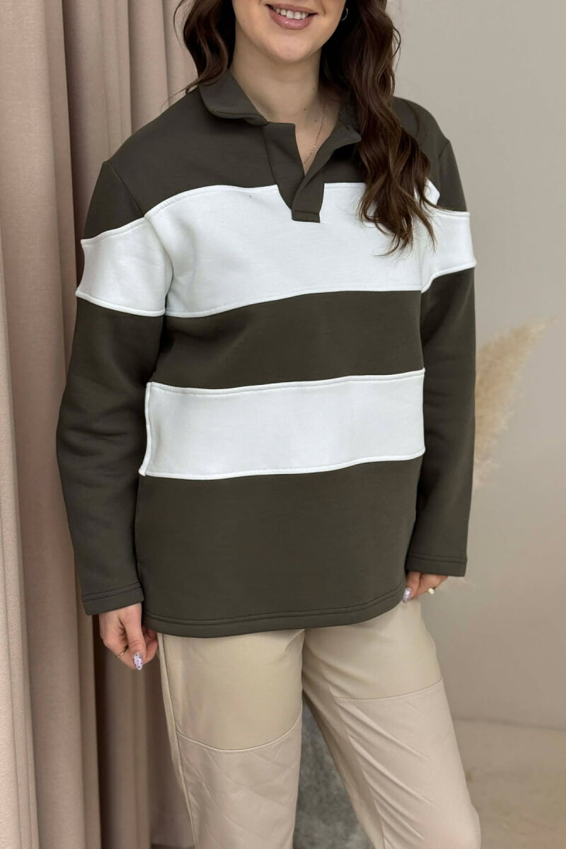 POLO NECK STRIPE DESIGN FLUFFY WOMEN SWEATSHIRT DARK GREEN/JEE - 4