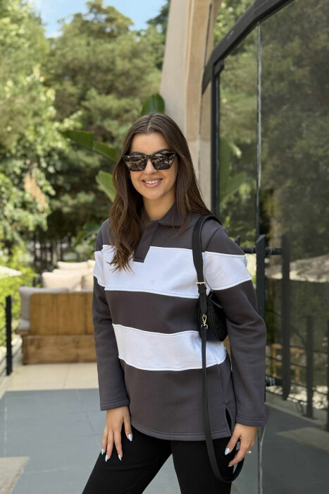 POLO NECK STRIPE DESIGN FLUFFY WOMEN SWEATSHIRT DARK GREY/GEE - 3