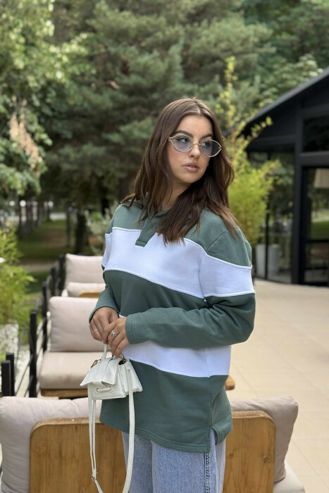 POLO NECK STRIPE DESIGN FLUFFY WOMEN SWEATSHIRT GREEN/JESHILE - 1
