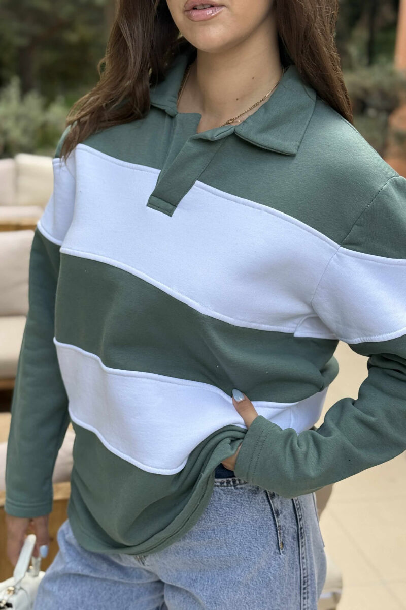 POLO NECK STRIPE DESIGN FLUFFY WOMEN SWEATSHIRT GREEN/JESHILE - 4
