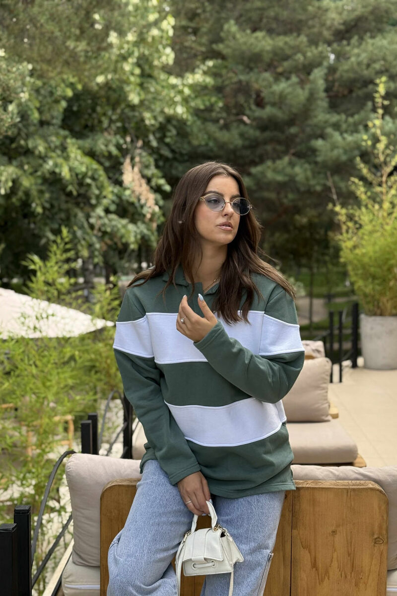 POLO NECK STRIPE DESIGN FLUFFY WOMEN SWEATSHIRT GREEN/JESHILE - 2