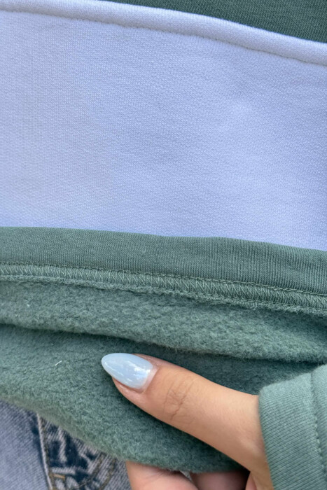 POLO NECK STRIPE DESIGN FLUFFY WOMEN SWEATSHIRT GREEN/JESHILE - 5