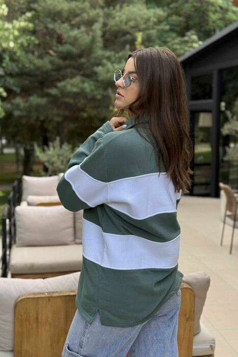 POLO NECK STRIPE DESIGN FLUFFY WOMEN SWEATSHIRT GREEN/JESHILE - 3