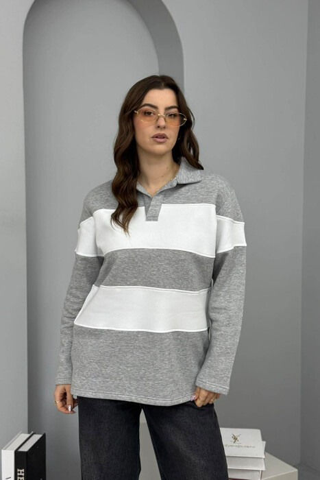 POLO NECK STRIPE DESIGN FLUFFY WOMEN SWEATSHIRT GREY/GRI 