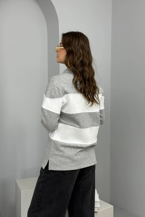 POLO NECK STRIPE DESIGN FLUFFY WOMEN SWEATSHIRT GREY/GRI - 3