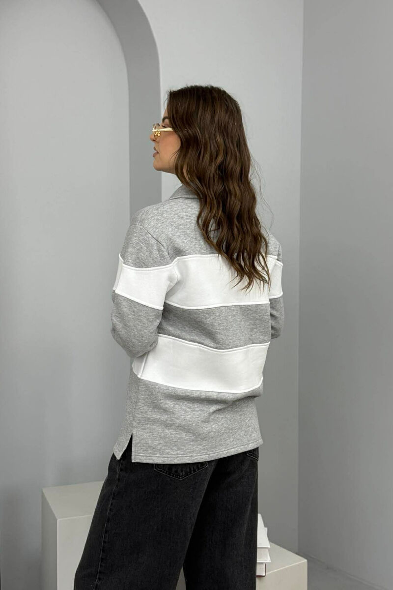 POLO NECK STRIPE DESIGN FLUFFY WOMEN SWEATSHIRT GREY/GRI - 3