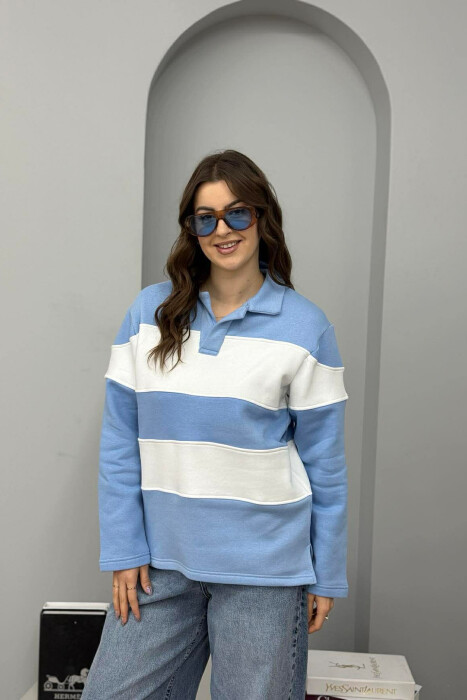 POLO NECK STRIPE DESIGN FLUFFY WOMEN SWEATSHIRT LIGHTBLUE/BZ - 1