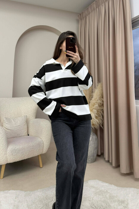 POLO NECK STRIPE DESIGN WOMEN SWEATSHIRT BLACK-WHITE/ZEBA - 2