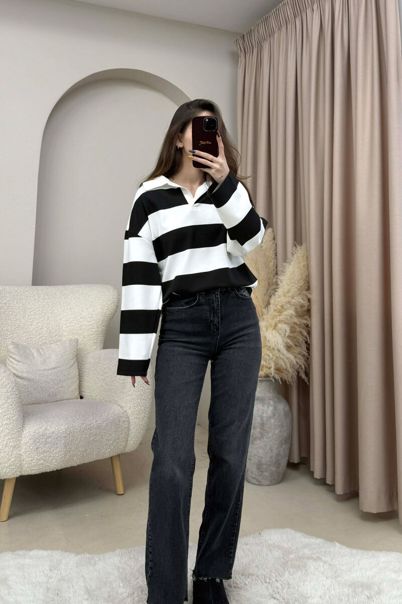 POLO NECK STRIPE DESIGN WOMEN SWEATSHIRT BLACK-WHITE/ZEBA - 3