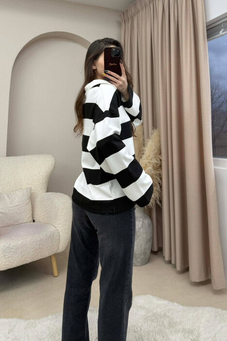 POLO NECK STRIPE DESIGN WOMEN SWEATSHIRT BLACK-WHITE/ZEBA - 4