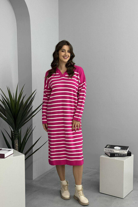 POLO NECK STRIPED LONG WOMEN DRESS FUCHSIA/CIKLAMI - 
