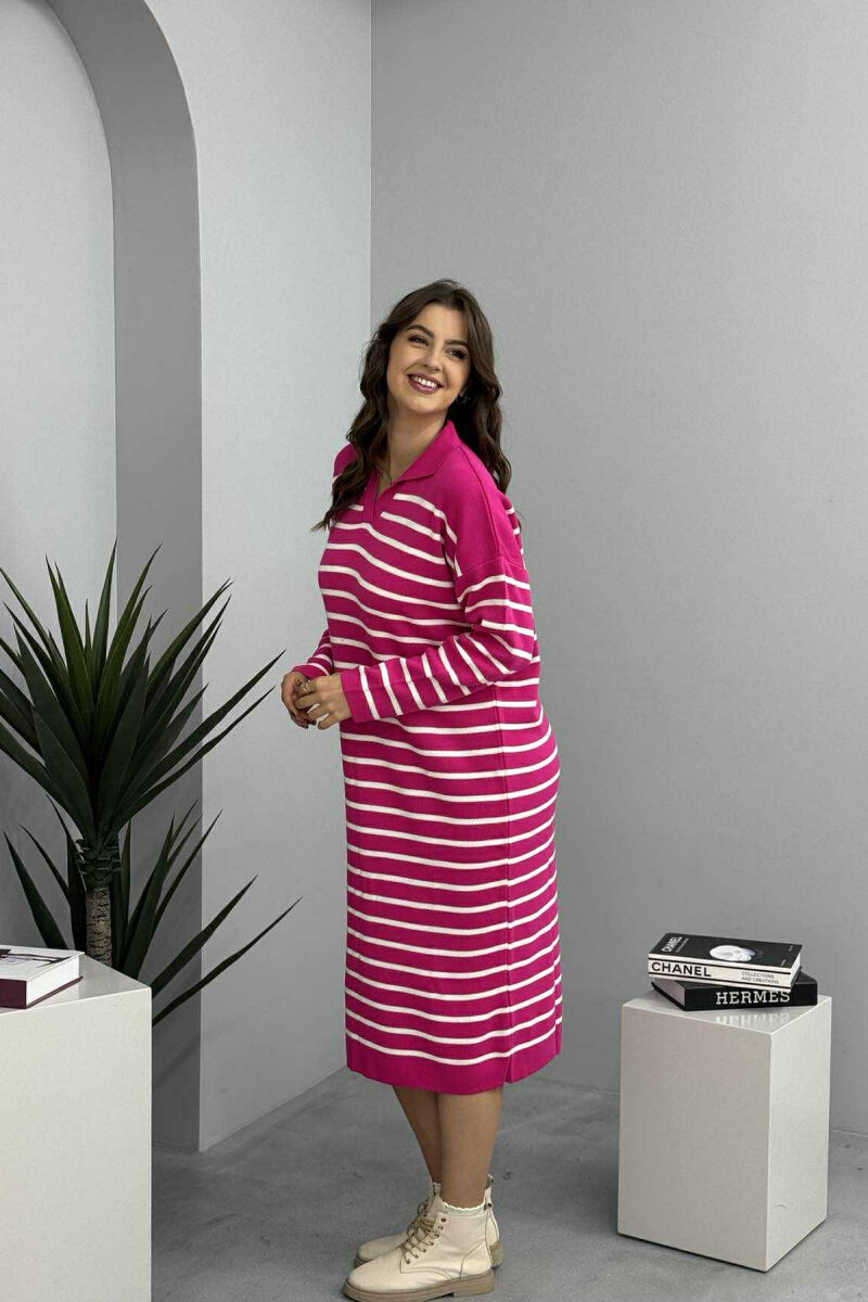 POLO NECK STRIPED LONG WOMEN DRESS FUCHSIA/CIKLAMI - 4