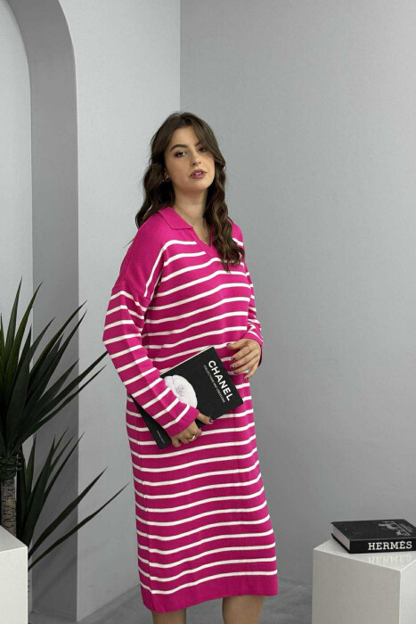 POLO NECK STRIPED LONG WOMEN DRESS FUCHSIA/CIKLAMI - 2