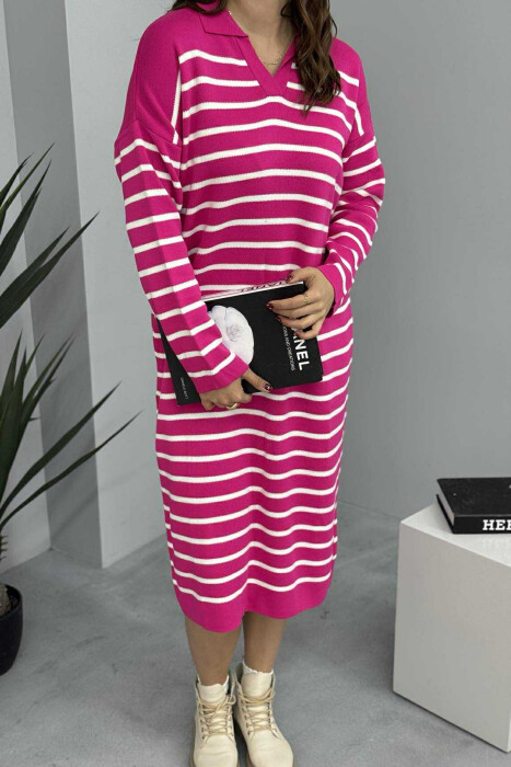 POLO NECK STRIPED LONG WOMEN DRESS FUCHSIA/CIKLAMI - 5