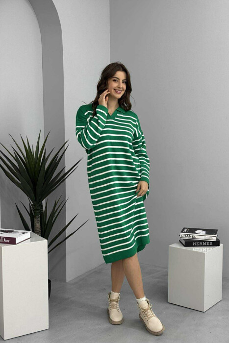 POLO NECK STRIPED LONG WOMEN DRESS GREEN/JESHILE - 