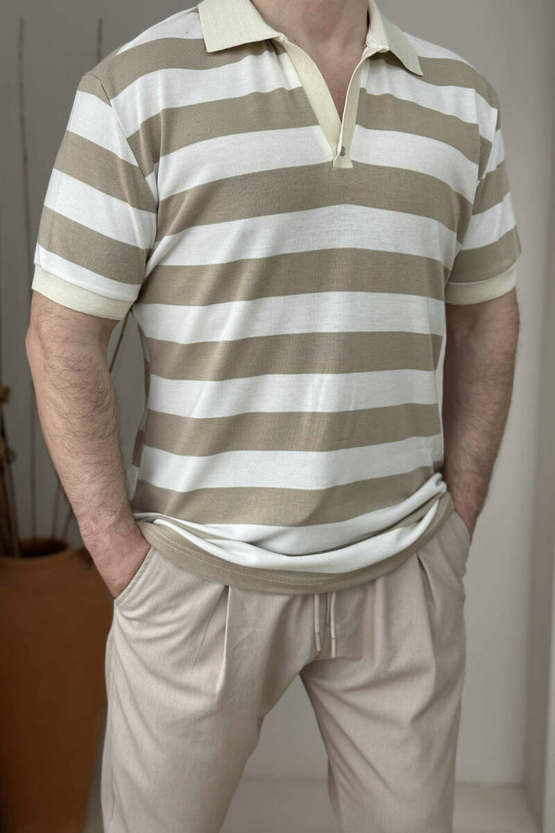 POLO NECK STRIPED MEN T-SHIRT WHITE-BEIGE/BABZH - 1