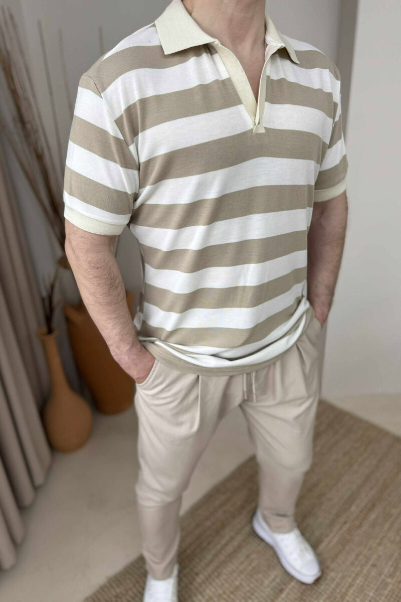 POLO NECK STRIPED MEN T-SHIRT WHITE-BEIGE/BABZH - 2