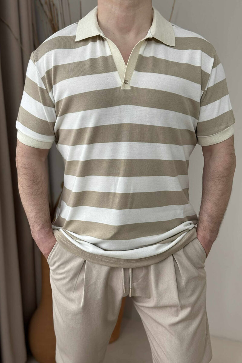 POLO NECK STRIPED MEN T-SHIRT WHITE-BEIGE/BABZH - 3