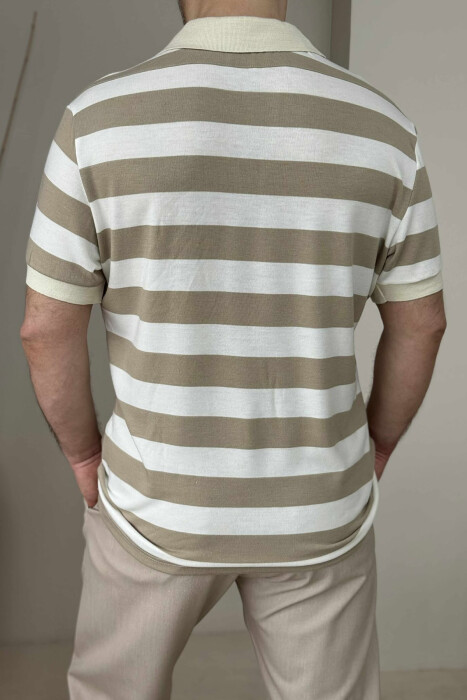 POLO NECK STRIPED MEN T-SHIRT WHITE-BEIGE/BABZH - 4