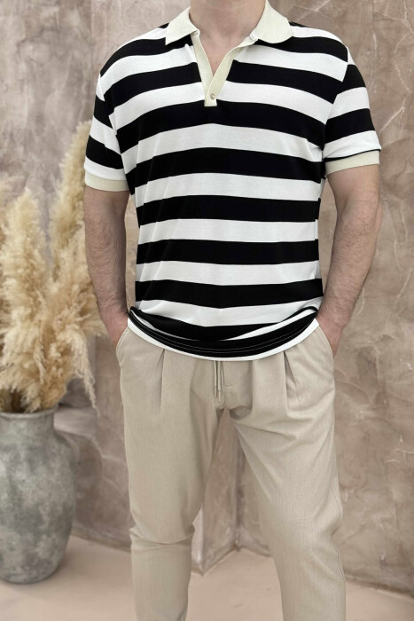POLO NECK STRIPED MEN T-SHIRT WHITE-BLACK/BAZE 
