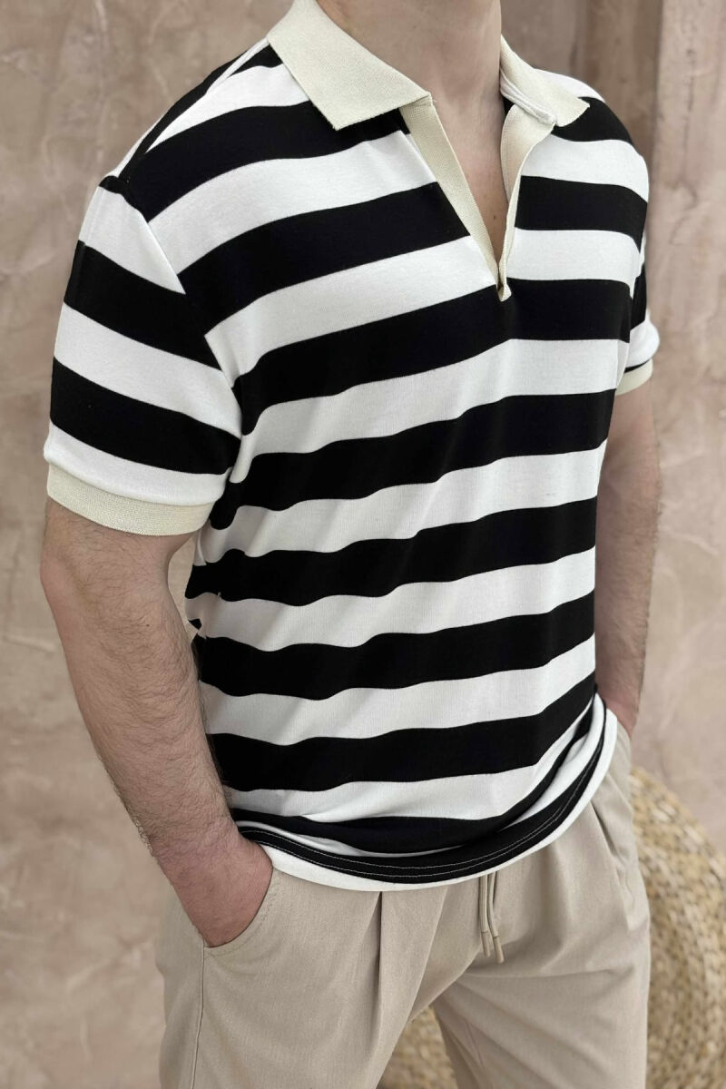 POLO NECK STRIPED MEN T-SHIRT WHITE-BLACK/BAZE - 2
