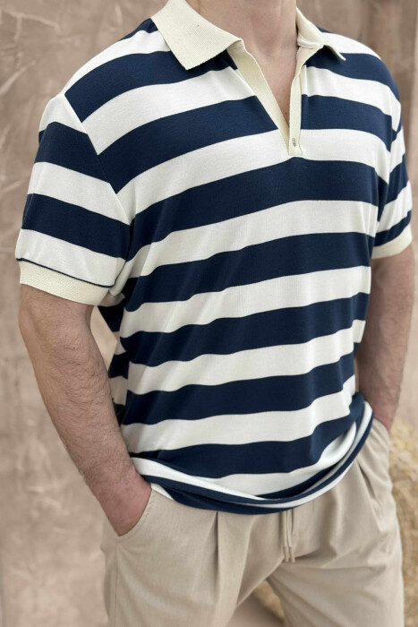 POLO NECK STRIPED MEN T-SHIRT WHITE-BLUE/BABL 