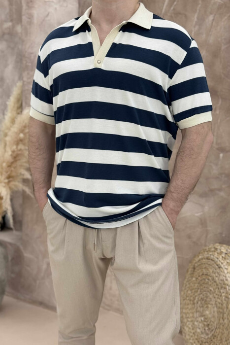 POLO NECK STRIPED MEN T-SHIRT WHITE-BLUE/BABL - 3
