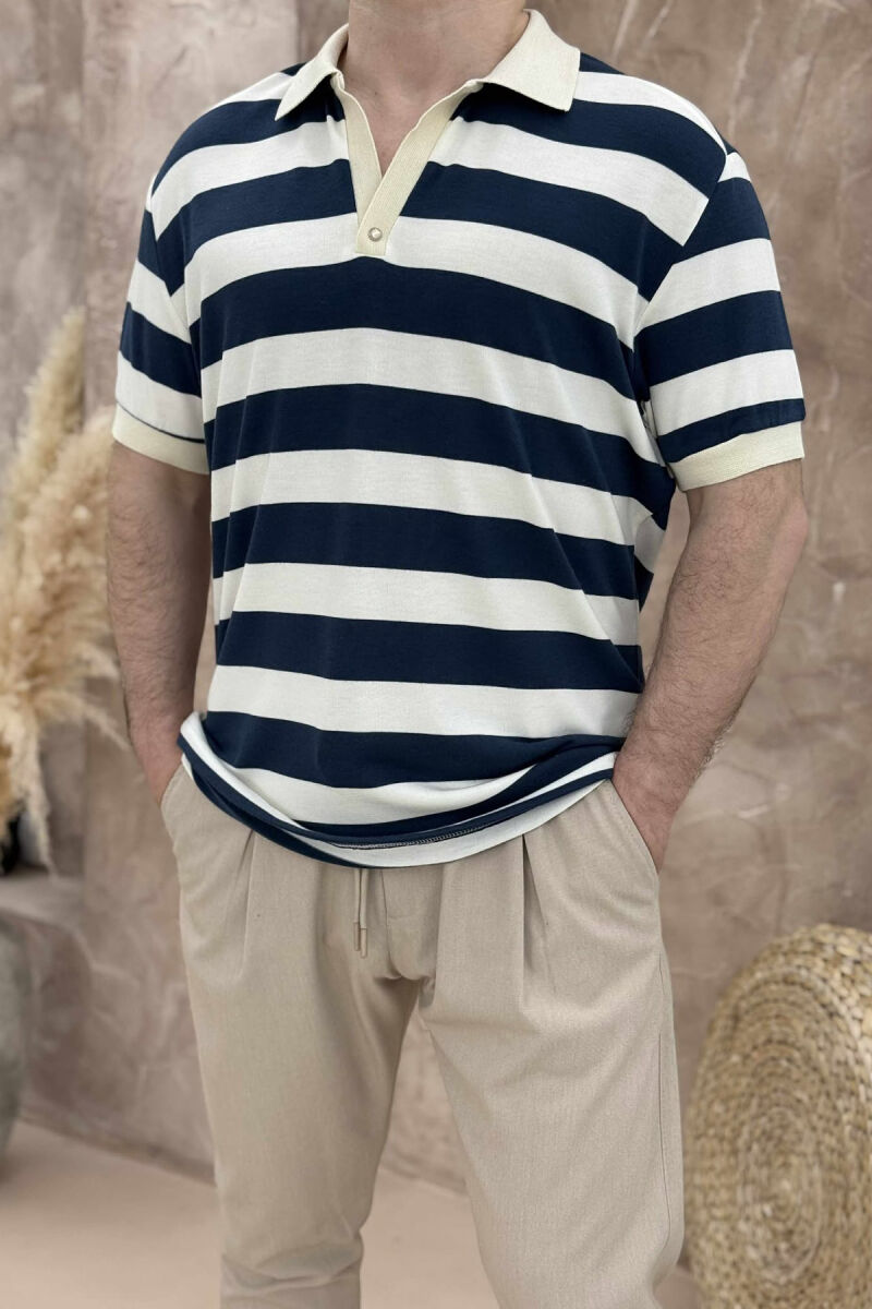POLO NECK STRIPED MEN T-SHIRT WHITE-BLUE/BABL - 3