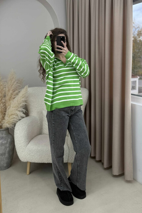 POLO NECK STRIPED SIMPLE WOMEN SWEATER LIGHT GREEN/JEZB 